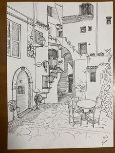 a drawing of an alleyway with tables and chairs in the courtyard, next to a fire place