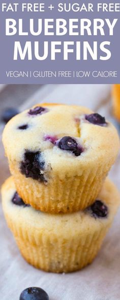 two blueberry muffins stacked on top of each other with text overlay