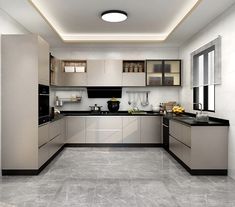 a modern kitchen with black counter tops and white cabinets, along with marble flooring