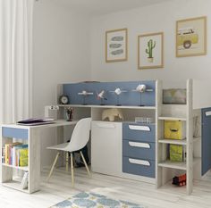 a child's bedroom with blue and white furniture, bookshelves and desk