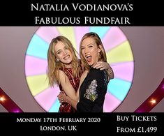 two women standing next to each other in front of a ferris wheel with the words, natalie vodinaova's fabulous fundraiser