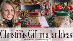 a woman sitting at a table with christmas gifts in jars