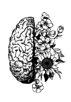 a black and white drawing of a human brain with flowers on the side by itself