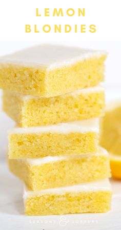 lemon blondies stacked on top of each other with the text overlay above it