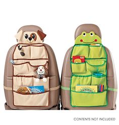 two children's backpacks with stuffed animals on the front and back, one is brown