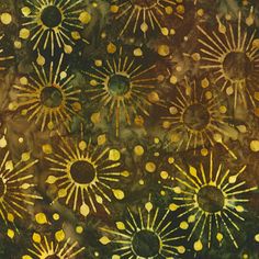 an abstract painting with sunflowers and dots in brown, yellow and green colors