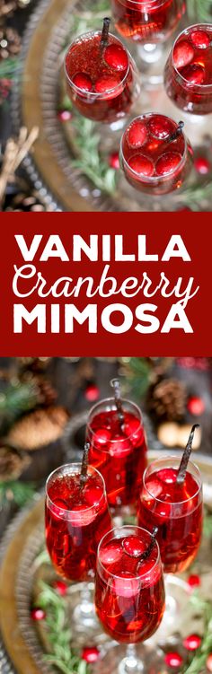 the cover of vanilla cranberry mimosa is shown on a tray with red glasses