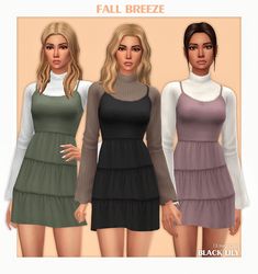 three women wearing dresses with long sleeves and high collars, all in different colors