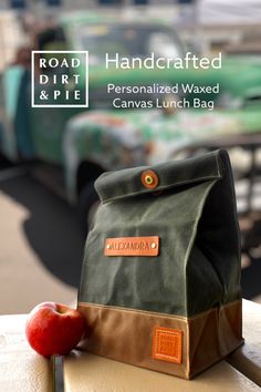 Large green and brown lunch bag, personalized with a custom leather patch, made by Road Dirt & Pie. Big Sandwiches, Waxed Canvas Lunch Bag, Tiny Workshop, Leather Lunch Bag, Large Lunch Bag, A Lot Of Food, Canvas Lunch Bag, Small Tins, Insulated Bags