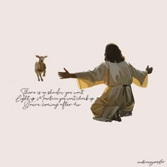 a painting of jesus with his arms outstretched in front of a goat that is jumping up into the air