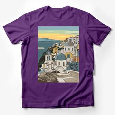 Santorini Greece Sunset Graphic T-Shirt, Colorful Coastal Town Illustration, Travel Inspired Fashion, Unisex Tee Male T-Shirt Custom graphic T-Shirt.Customize your color Purple Crew Neck T-shirt With Front Print, Purple Graphic Tee With Sublimation Print, Purple Graphic Print T-shirt Crew Neck, Graphic Print Purple T-shirt, Graphic Purple T-shirt With Graphic Print, Purple Graphic Tee With Graphic Print, Purple Cotton T-shirt With Sublimation Print, Casual Purple T-shirt With Sublimation Print, Summer Purple T-shirt With Screen Print