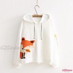 Qteee - Premium Fox Print Long Sleeve Hoodie - Stylish and Comfortable Fox Print, Long Sleeve Hoodie, White Blue, Autumn Winter, Color White, Fox, Sleeve Length, Long Sleeve, Pattern