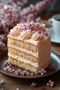 a piece of cake on a plate with pink flowers