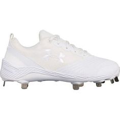 the under armour football shoe is white with silver accents