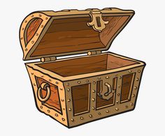 an open wooden chest with metal handles and latches on the inside, cartoon style