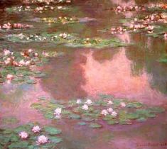 a painting of water lilies and trees in the background