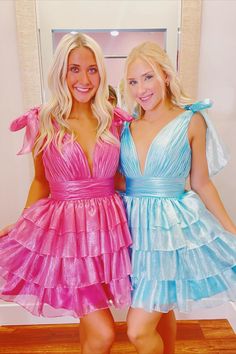 plunge pink/blue A-line tiered ruffle short homecoming dress dance dress winter formal dress #homecomingdress #homecoming2024 #hocodress #winterformal2025 #graduationdress #partydress #winterformaldress #fallball #balldress #highschoolball #juniorpromdress #pageantdress #cocktaildress #minidress #partydress #sweet16dress #birthdaydress #concertoutfit Blue Prom Dress With Ruffled Straps, Ruched Organza Party Dress, Organza Ruched Party Dress, Party Dress With Ruffled Tiered Skirt, Party Dresses With Ruffle Hem And Tiered Shape, Blue Fitted Ruffle Dress For Party, Fitted Organza Dress With Tiered Skirt, Pink Tiered Ruffle Dress For Party, Fitted Blue Ruffle Dress For Party