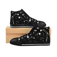 Mens Shooting Star Space Shoes Sneakers Black White Monochromatic Pastel Goth Couture Witchy Wicca Witchcraft Celestial Starfield Footwear Goth Shoes Aesthetic, Space Aesthetic Outfit, Star Themed Outfits, Goth Couture, Witchy Mom, Star Clothes, Wishlist Shoes, Space Clothes, Space Shoes