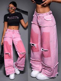 SHEIN ICON Women's Casual Wide Leg Loose Fit Jeans With Distressed Detail And Frayed Hem | SHEIN USA Baggie Jeans Outfit For Women, Cute Trousers Outfits, Pink Baggy Jeans, Fancy Pants Outfit, Aesthetic Trousers, Dope Fashion Outfits, Jeans Aesthetic, Street Style Outfits Casual, Girly Style Outfits