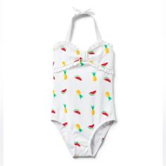 Super Cute Janie And Jack Swimsuit At Beautiful Fruits Print Design With Ruffles Details. New With Out Tag . Size 7 Playful White One-piece Swimwear, White Ruffled Swimwear For Play, Fun White Sleeveless Swimwear, Fitted White Swimwear For Playtime, Jack Fruit, White Fruit, Swimsuits Outfits