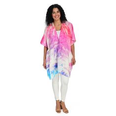 A bright and beautiful watercolor pattern adds character to this Kate & Mallory kimono! Easily layer over top of your outfit! With a drop shoulder, relaxed fit and open front, it flexes your fashionable styling choices of the day. This lightweight kimono simply enhances what you're already wearing by accessorizing it with an abstract pattern and beautifully draped silhouette. Casual Multicolor V-neck Kimono, Flowy Multicolor Casual Kimono, Multicolor Flowy Casual Kimono, Casual Multicolor Flowy Kimono, Multicolor Watercolor Print Tops For Spring, Multicolor Watercolor Print Top For Spring, Spring Multicolor Watercolor Print Top, Spring Tie Dye Kimono With Kimono Sleeves, Casual Multicolor Printed Cover-up