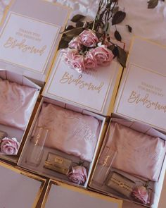 pink and gold wedding stationery on display with roses in the box for bridesmaid