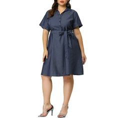 Casual-cool charm defines this soft chambray shirtdress fashioned with abbreviated sleeves and a waist-defining sash. This lightweight chambray wrap dress features a ruffled hem adding extra flounce to your every step. Softly frayed ruffle trim the neckline of a sweet chambray shift. Perfectly match with Mules on leisure summer days. Occasion: party, opening reception, casual night out. Please check your measurements to make sure the item fits before ordering. Measurement (in inches) International Size------Chest Girth-------Waist Girth------Shoulder Width------Total Length 1X-------------------48 3/8------------------48 3/8------------------17 -------------------------41 2X-------------------51 5/8------------------51 5/8------------------17 3/4-------------------41 3/8 3X---------------- Summer Short Sleeve Belted Denim Dress, Summer Denim Dress With Belt And Short Sleeves, Spring Short Sleeve Belted Denim Dress, Elegant Short Sleeve Denim Workwear Dress, Elegant Short Sleeve Denim Dress For Work, Elegant Short Sleeve Denim Summer Dress, Elegant Short Sleeve Denim Dress, Casual Short Sleeve Belted Denim Dress, Casual Belted Short Sleeve Denim Dress