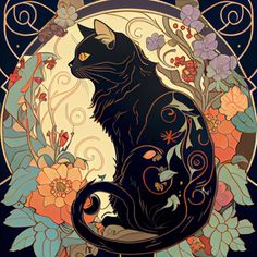 a black cat sitting on top of a flower filled circle