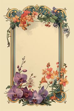 an ornate frame with flowers and leaves on the edges is painted in pastel colors