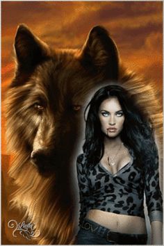 a woman standing next to a wolf in front of an orange sky