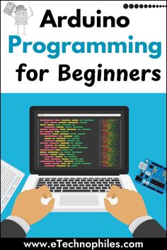 the book cover for arduno programming for beginners, with hands typing on a laptop