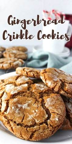 gingerbread crinkle cookies on a white plate with the title in the middle