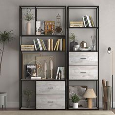 a bookshelf filled with lots of books next to a lamp and potted plant