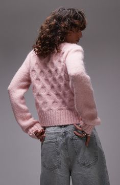 A chunky cable stitch and wide ribbing elevate this solid crewneck sweater knit with a touch of wool. 20" length (size Small) Crewneck Long sleeves Ribbed cuffs and hem 75% polyester, 18% nylon, 6% wool, 1% elastane Machine wash, dry flat Imported Cable Stitch, Pink Outfits, Sweater Knit, Crewneck Sweater, Pink Sweater, Jumpers And Cardigans, Sweater Accessories, Crew Neck Sweater, Cable Knit