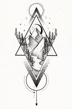 an artistic tattoo design with mountains and trees