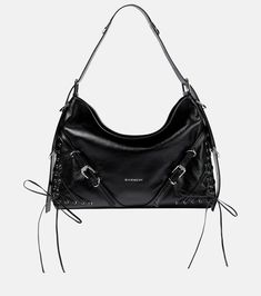 Voyou Medium leather shoulder bag in black - Givenchy | Mytheresa Designer Black Bag, Edgy Purse, Black Designer Bags, Givenchy Bag, Black Purse, Black Leather Purse, Pretty Bags, Black Leather Bags, Black Shoulder Bag