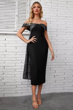 Cali Black Sequin Midi Dress Off Shoulder Neckline, Ribbon Dress, Black Off Shoulder, Sequin Midi Dress, Bandage Midi Dress, One Piece Dress, Shoulder Design, Back Design, Product Images