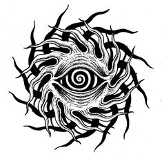 an eye in the center of a circle with branches around it, drawn by hand