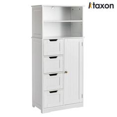 a tall white cabinet with drawers on the bottom and two doors at the top, in front of a white background