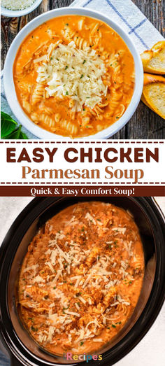 easy chicken parmesan soup in a crock pot with text overlay that says easy chicken parmesan soup