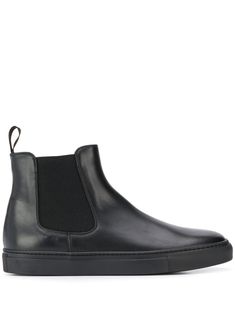 black leather round toe elasticated side panels pull-tab at the heel flat rubber sole Black Leather Sole Chelsea Boots, Luxury Black Chelsea Boots With Rubber Sole, Black High-top Chelsea Boots With Rubber Sole, Luxury Masculine Chelsea Ankle Boots, Black Leather Slip-on Chelsea Boots, Botas Chelsea, Black Leather Ankle Boots, Chelsea Boots Men, Black Chelsea Boots