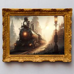 steampunk train wall art in a golden frame Steampunk Decorations, Steampunk Train, Train Painting, Steampunk Wall Art, Steampunk Home Decor, Flying Ship, Steampunk Party, Train Wall Art, Steampunk World