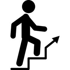 a man walking up the stairs with an arrow pointing towards him, black and white