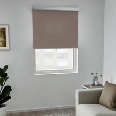 a living room with a couch, chair and window blinds in shades on the windowsill