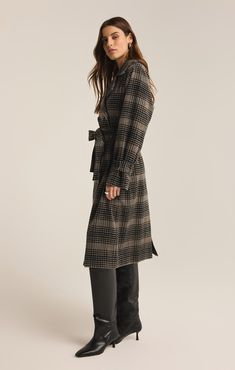 Make a statement in this stylish plaid trench coat, featuring a classic double-breasted button front and a chic separate tie at the waist for a customizable fit. This long-sleeve, collared coat is detailed with flap pockets, blending functionality with an effortlessly stylish vibe that's perfect for any season. Z SUPPLY Women's Jackie Plaid Trench, Latte, Large Timeless Plaid Single-breasted Outerwear, Plaid Relaxed Fit Button-up Outerwear, Plaid Double-breasted Outerwear With Button Fastening, Plaid Trench Coat, Plaid Wool Button-up Outerwear, Double-breasted Plaid Outerwear With Button Closure, Collared Coat, Double Breasted, Blending