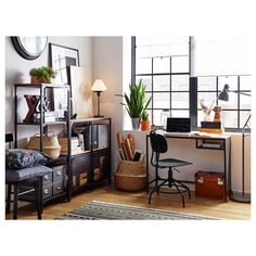 an image of a home office with plants on the desk and bookshelf in the corner