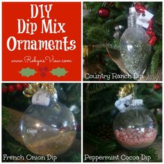 four different ornaments hanging from a christmas tree with the words diy dip mix ornaments