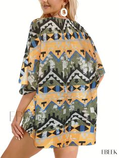 Ebeek - Stylish Graphic Print Kimono Coverup: A Versatile Casual Open Front Option for Your Vacation Wardrobe, Exclusively for Womens Fashion Summer Beach Tops With Geometric Pattern, Green Geometric Pattern Tops For Summer, Geometric Pattern Summer Beach Top, Multicolor Geometric Pattern Summer Top, Printed Multicolor Tops For Beach Cover-up, Multicolor Printed Top For Beach Cover-up, Green Abstract Print Top For Beach, Green Abstract Print Beach Top, Fall Care