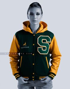 Custom Hooded Letterman Jacket | Letterman Jackets for Women Hooded Varsity Jacket For Fall, Collegiate Hooded Varsity Jacket For Winter, Varsity Green Hoodie For Fall, Green Varsity Hoodie For Fall, Fitted Leather Hooded Jacket For Streetwear, Varsity Hooded Jacket For College In Fall, Hooded Varsity Jacket For College, Fitted Varsity Leather Jacket For College, Leather Varsity Jacket With Ribbed Cuffs For Winter