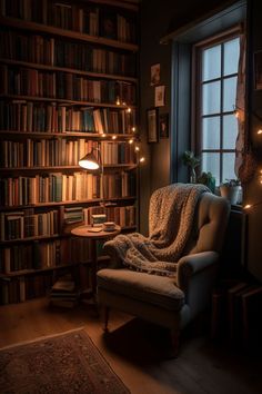 a chair sitting in front of a book shelf filled with lots of books next to a window